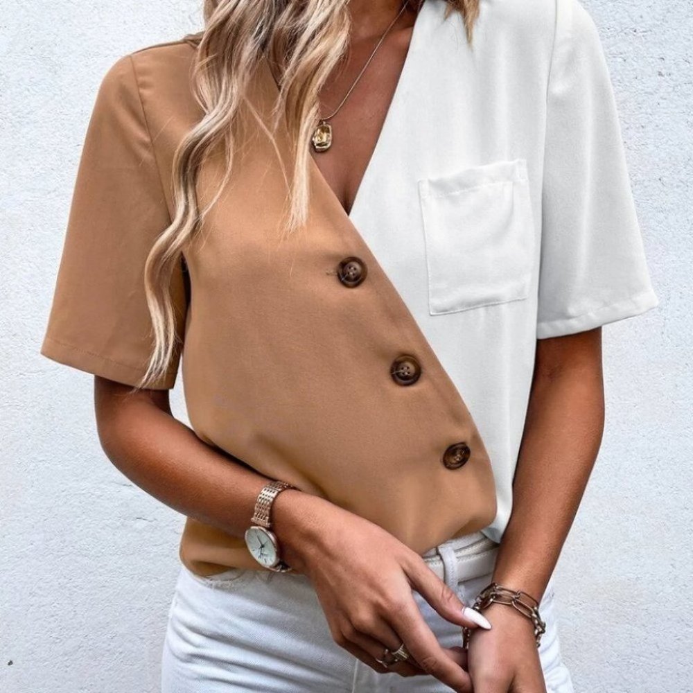 Colorblock Button detail Patched Pocket Blouse